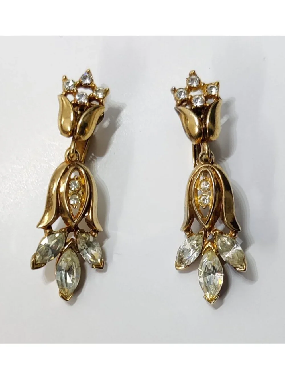 Vintage Crown Trifari Tulip Rhinestone Clip Earrings